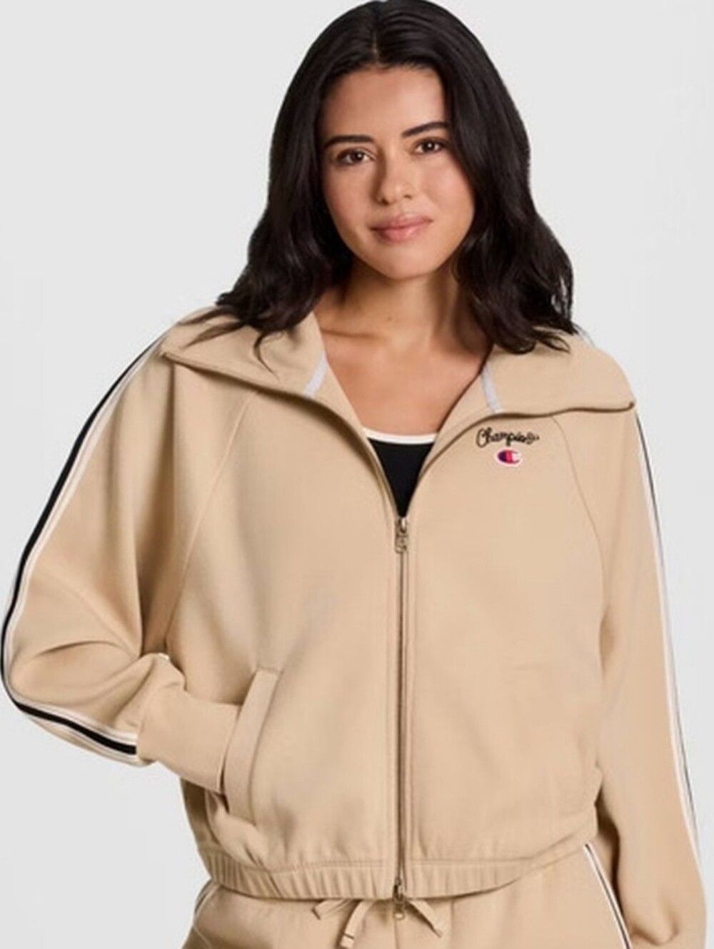 NWT Champion Track Full Zip Retro Jacket Tan With Sleeve Striping Women's Size M